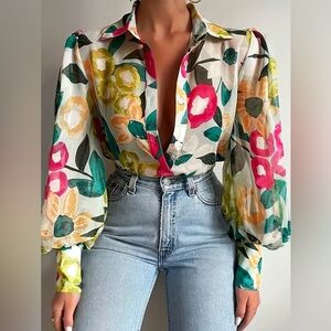 Boho floral print lantern sleeve  sleeve button up shirt